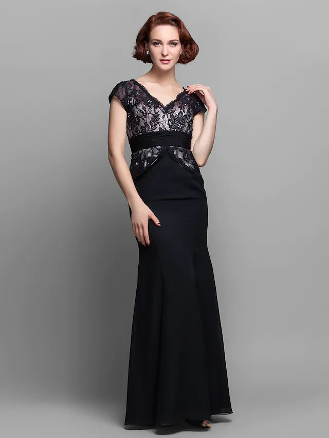 Wholesale Mother of the Bride Dress Vintage Inspired V Neck Floor Length Chiffon Lace Short Sleeve with Ruched Beading